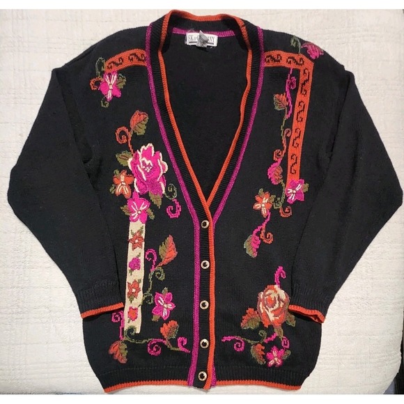 Sk & Company Sweaters - SK & Company  Cardigan Sweater Womens SZ M Floral Embroidered Black Gold Buttons